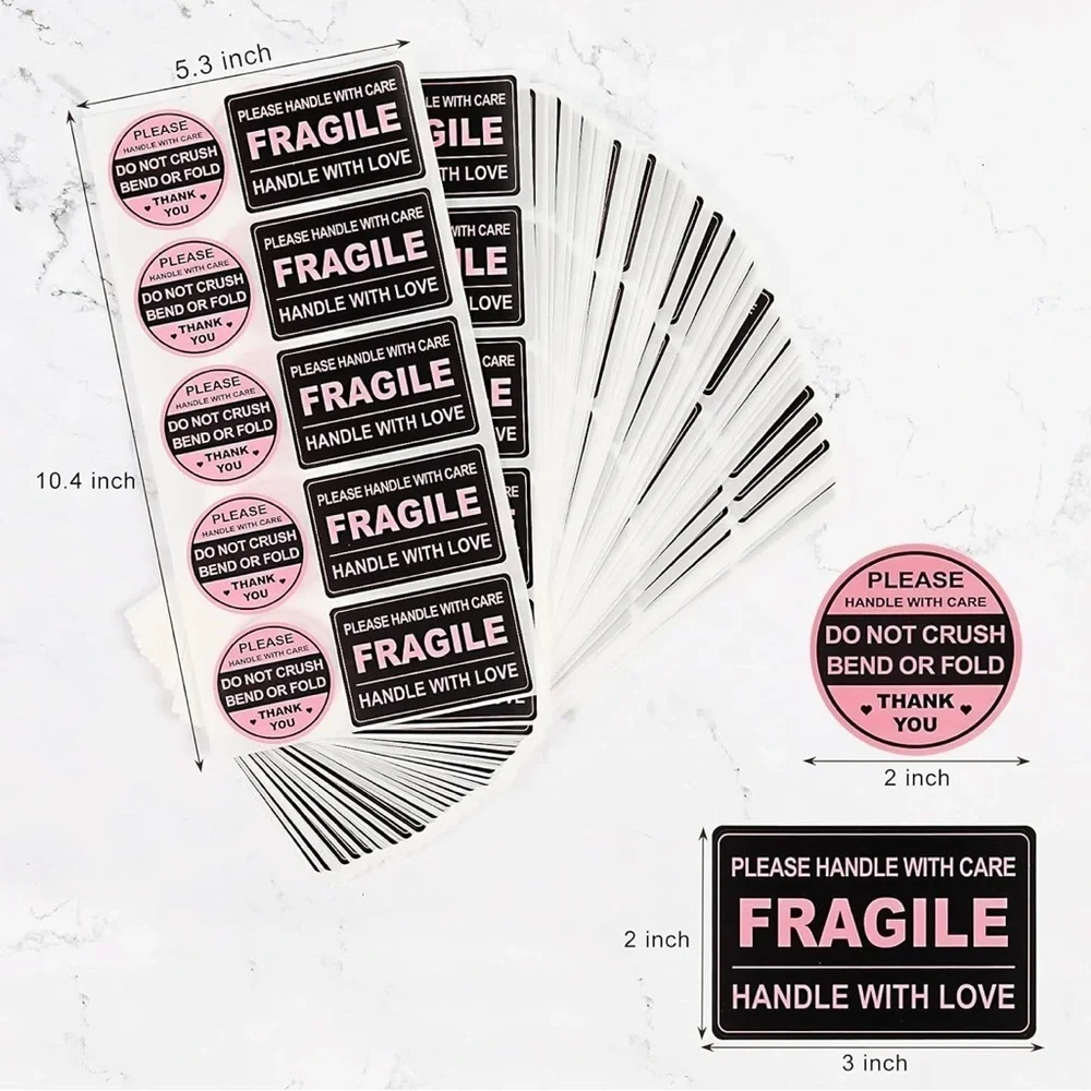 Count of 100 - Fun, Neon Pink + Black Rectangular + Circular FRAGILE Stickers